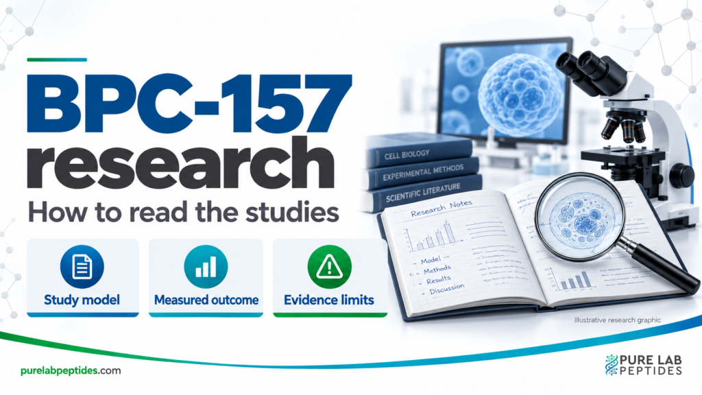 Illustrated research notebook and microscope beside prompts to check the study model, measured outcome and evidence limits.